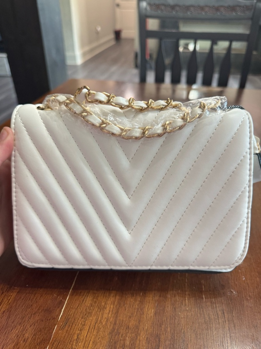 Cream Quilted Crossbody Bag with Gold Chain Strap